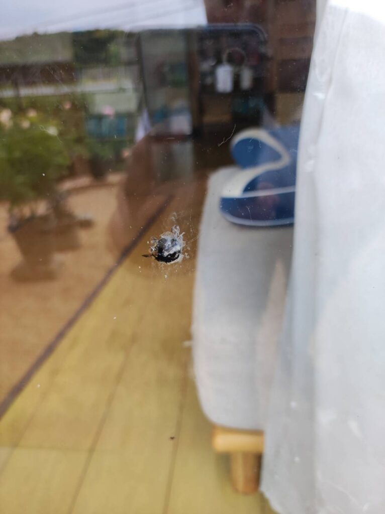 下関市で草刈り中の飛石により破損した大判ペアガラス