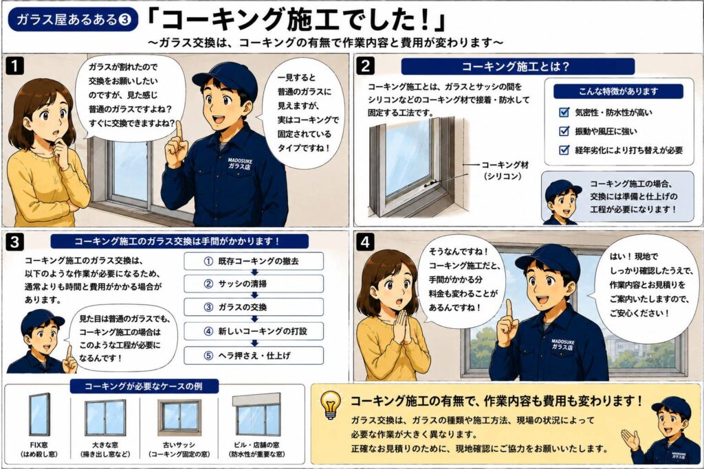 ガラス交換でコーキング施工だったため料金や作業内容が変わることを説明する漫画