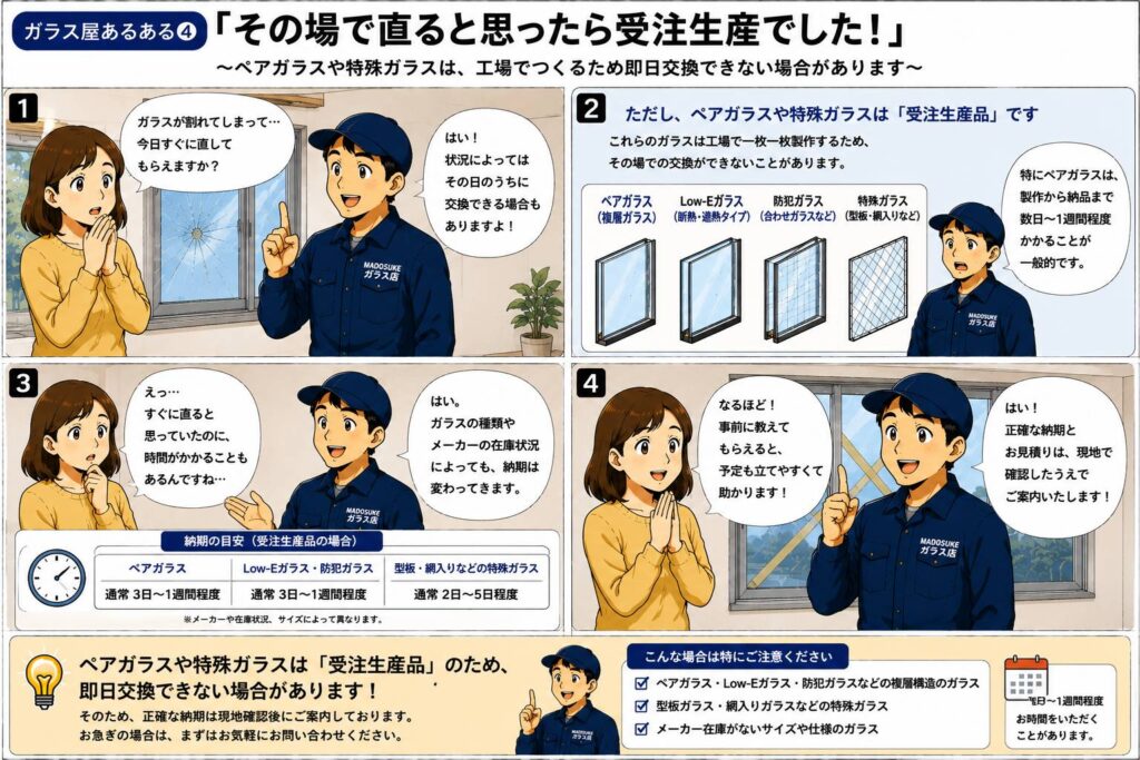 ペアガラスや特殊ガラスは受注生産のため即日交換できないことを説明する漫画