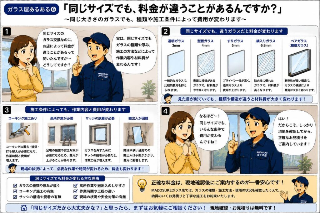 同じサイズのガラスでも種類や施工方法によって料金が変わることを説明する漫画
