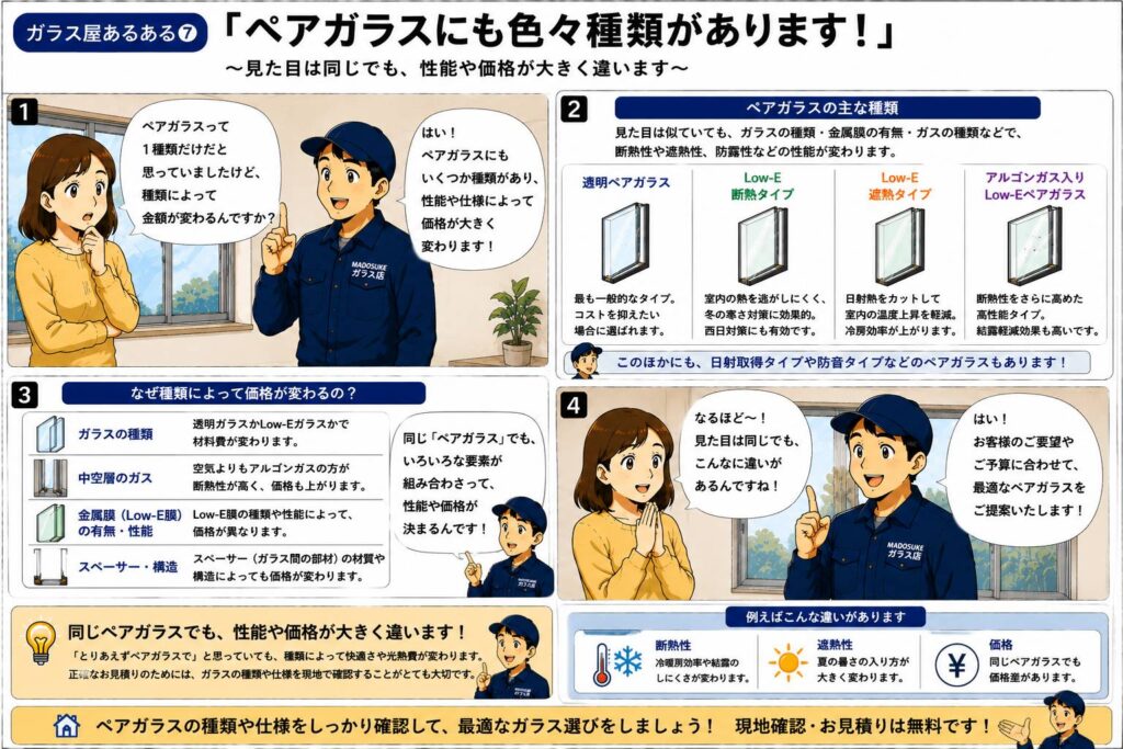 ペアガラスにもLow-Eガラスやアルゴンガス入りなど種類があることを説明する漫画