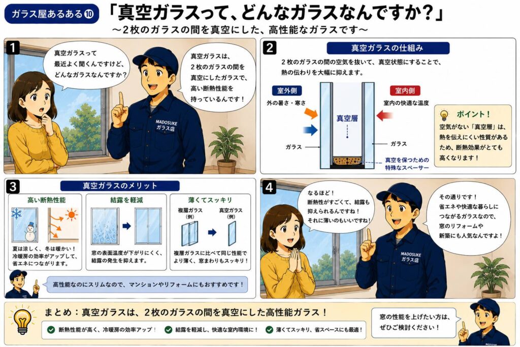 真空ガラスの特徴や普通のガラスとの違いを説明する漫画