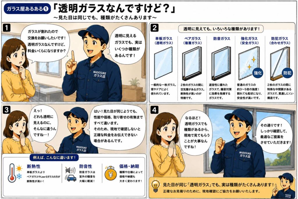 透明ガラスにも単板ガラス・ペアガラス・防音ガラス・強化ガラス・防犯ガラスなど種類があることを説明する漫画