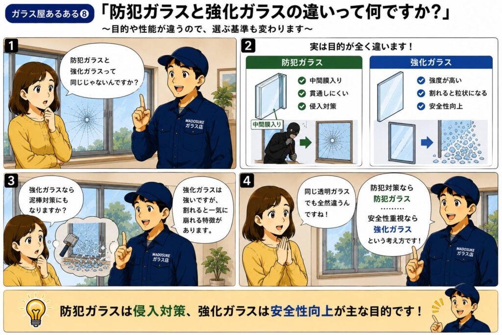 防犯ガラスと強化ガラスは別物であり目的や構造が違うことを説明する漫画