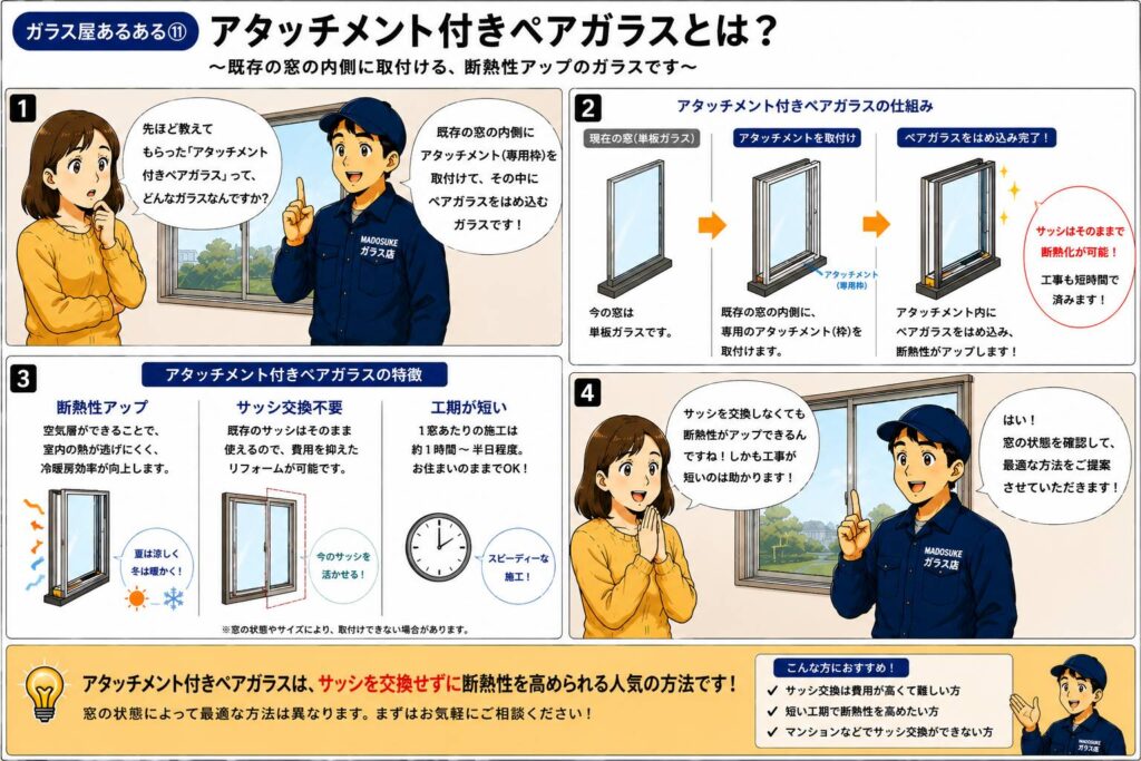 アタッチメント付きペアガラスの仕組みと既存サッシを活かして断熱化できることを説明する漫画