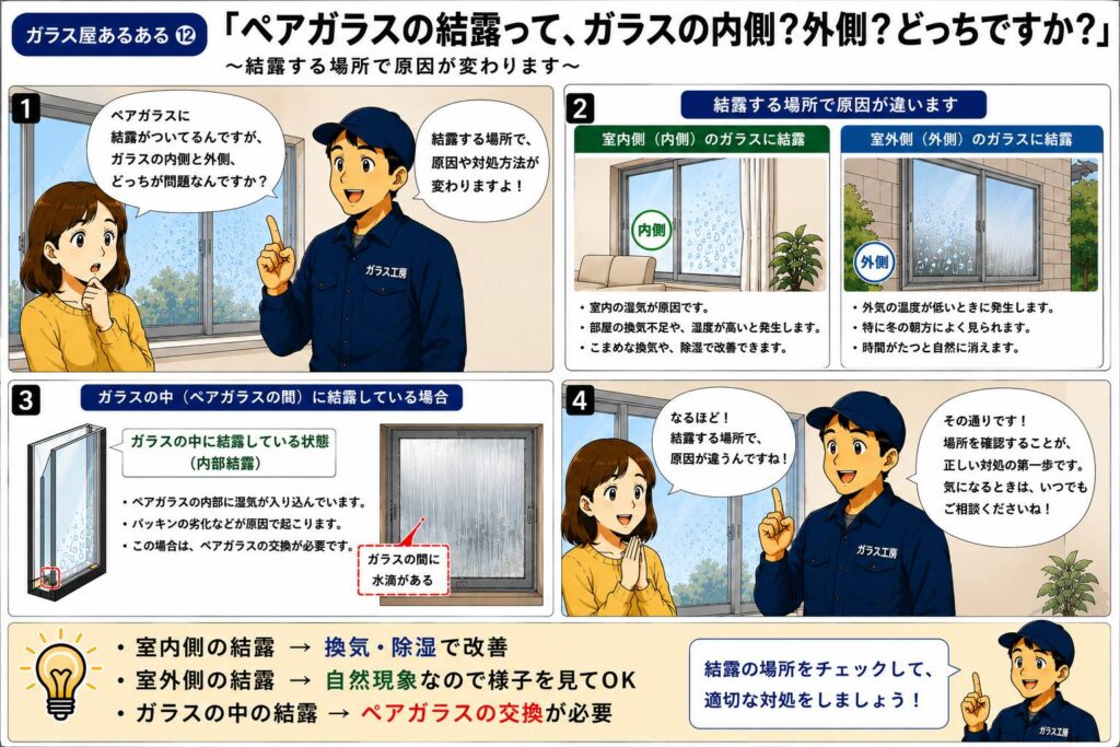 ペアガラスの結露が室内側・室外側・ガラスの中のどこに発生しているかで原因が変わることを説明する漫画