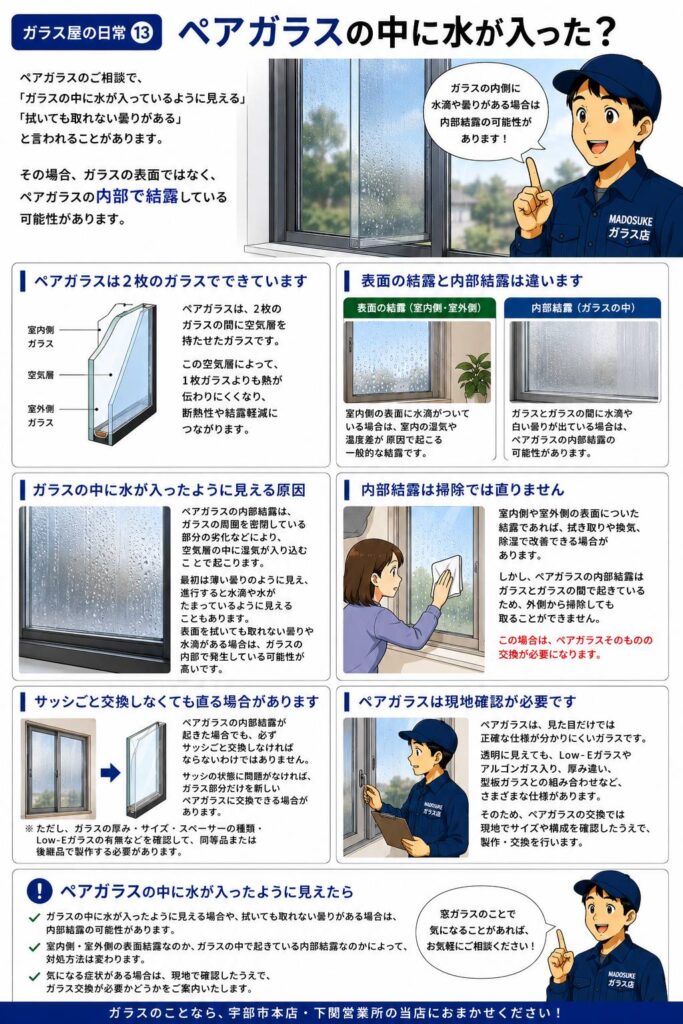 ペアガラスの内部結露について説明するガラス屋のイメージ