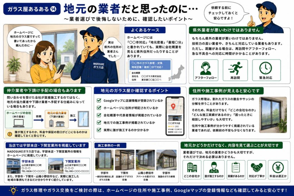地元のガラス屋だと思って依頼したら県外業者だったことに驚くお客様のイメージ
