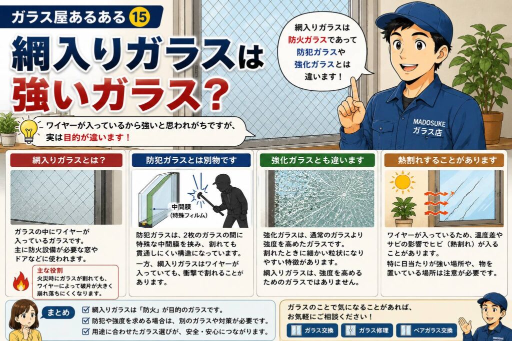 網入りガラスは強いガラスなのかを説明するガラス屋あるあるのイメージ