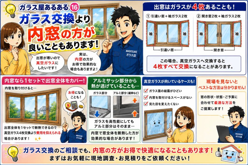 出窓の断熱方法としてガラス交換と内窓を比較するガラス屋のイメージ