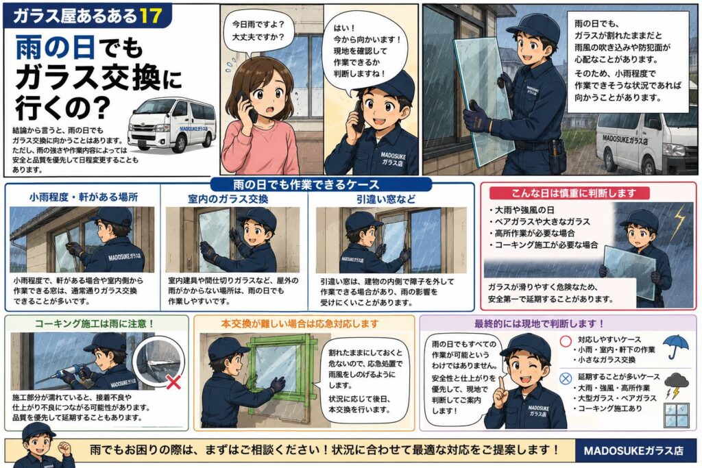 雨の日でもガラス交換に向かうガラス屋のイメージ