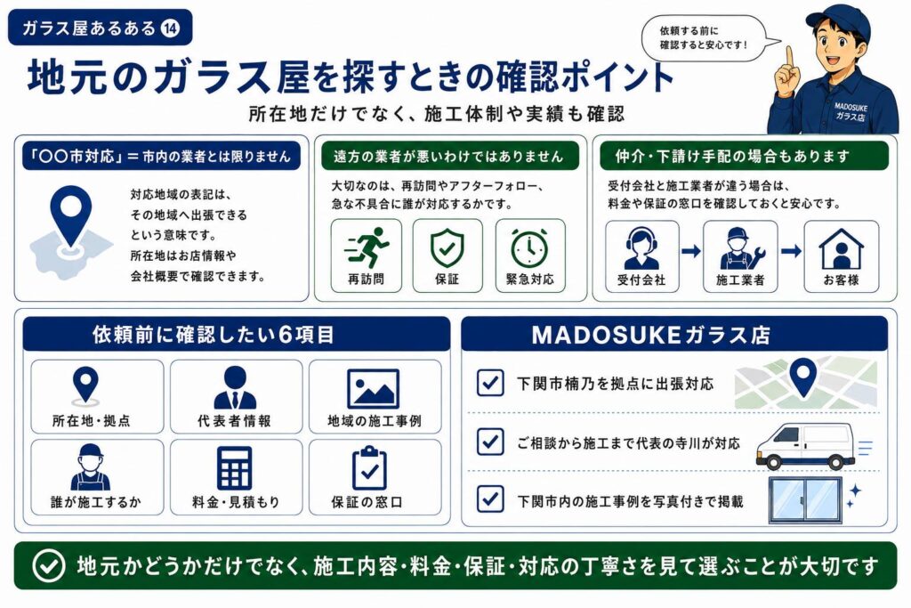 地元のガラス屋だと思って依頼したら県外業者だったことに驚くお客様のイメージ