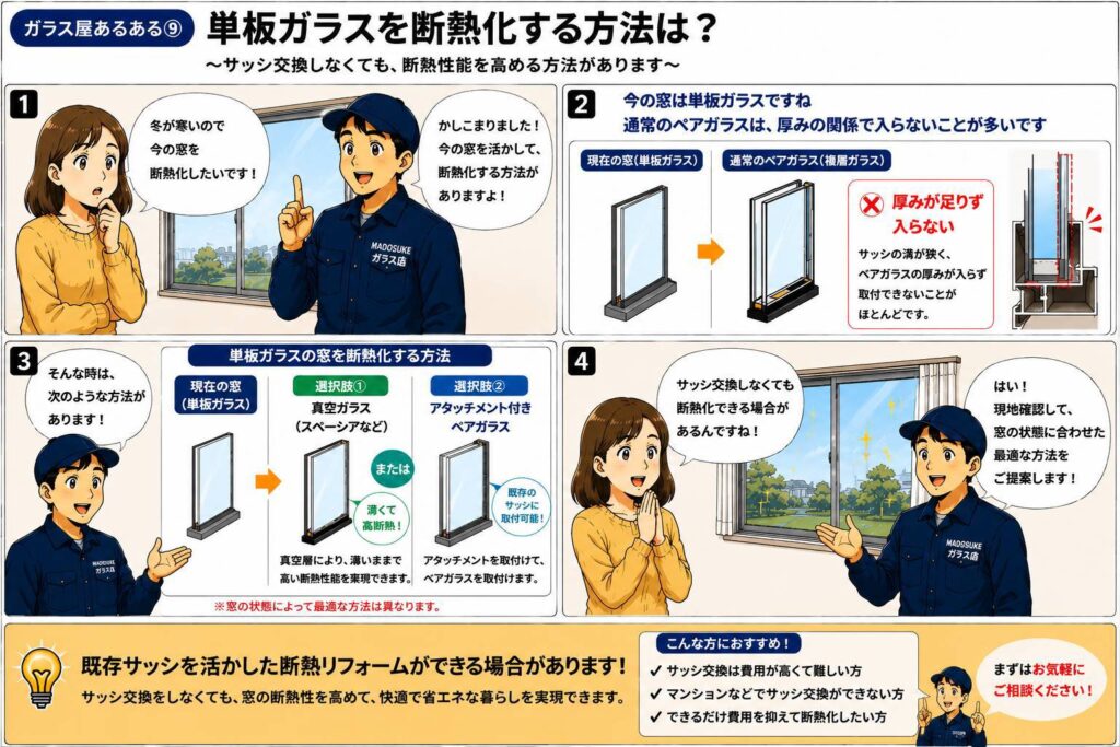 アタッチメント付きペアガラスとペアガラスの違いを説明する漫画