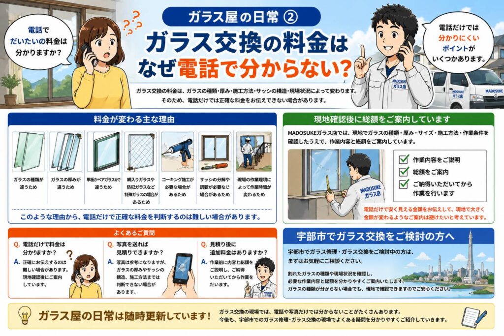 ガラス交換の料金が電話だけでは分からない理由を説明する漫画