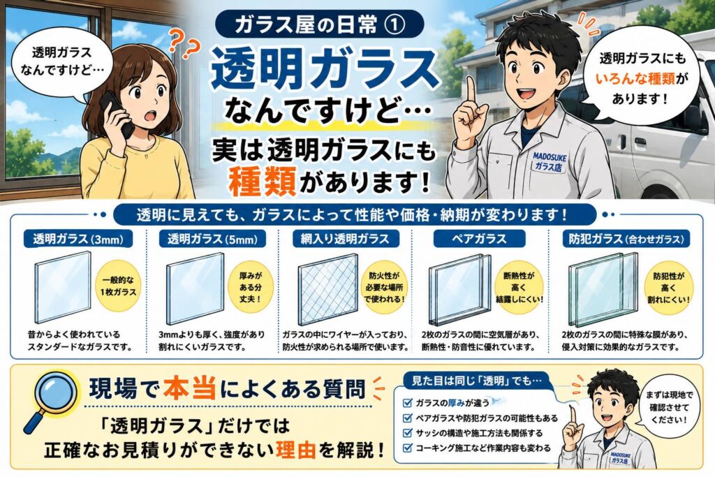 透明ガラスにも単板ガラス・ペアガラス・防音ガラス・強化ガラス・防犯ガラスなど種類があることを説明する漫画
