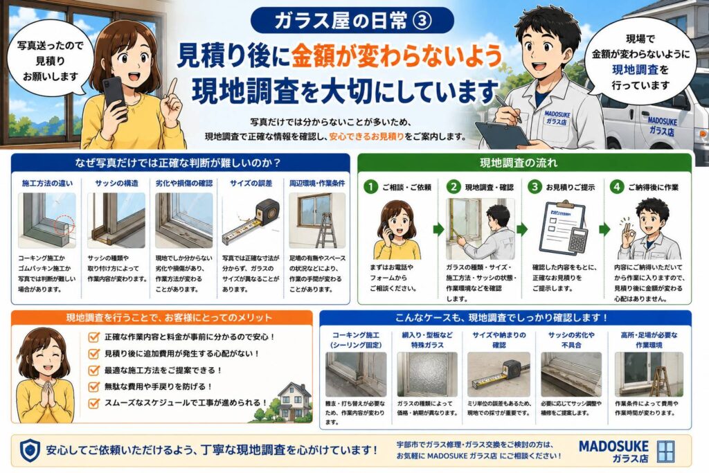 見積り後に金額が変わらないよう現地調査を大切にしていることを説明する漫画