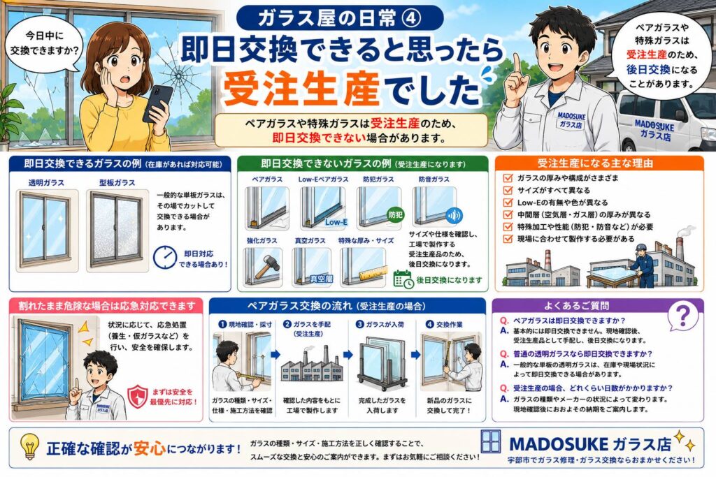 ペアガラスや特殊ガラスは受注生産のため即日交換できない場合があることを説明する漫画