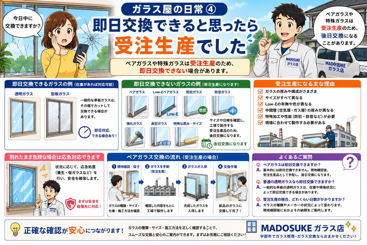 即日交換できると思ったガラスが受注生産品だった場合の流れを説明する漫画