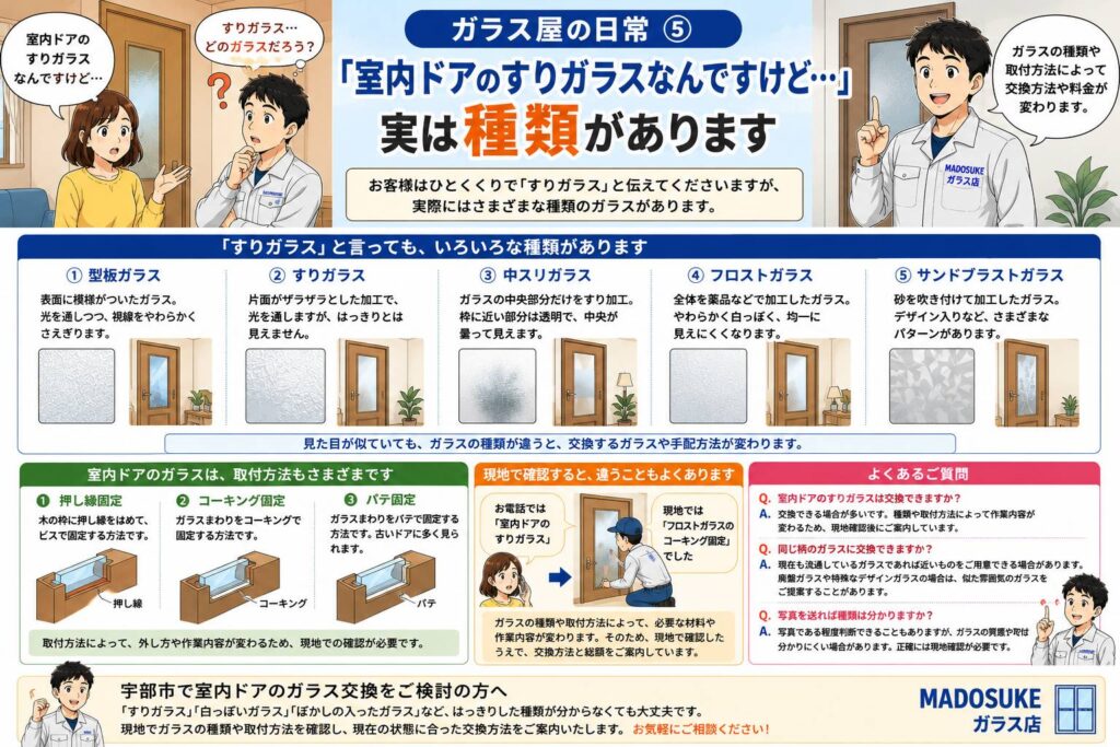 室内ドアのすりガラスにも型板ガラス・中スリガラス・フロストガラスなど種類があることを説明する漫画