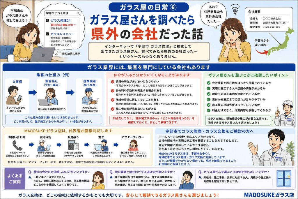 ガラス屋さんを調べたら県外の会社だった場合に会社情報や所在地を確認する大切さを説明する画像