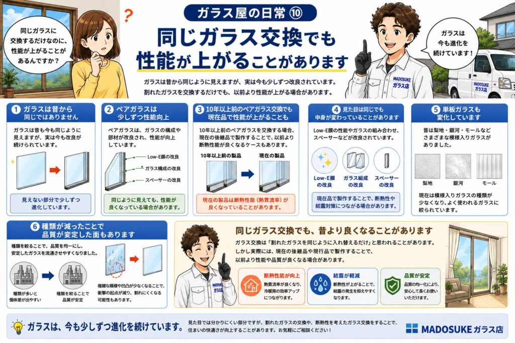 昔のガラスと現在のガラス性能の違いを説明するガラス屋のイメージ