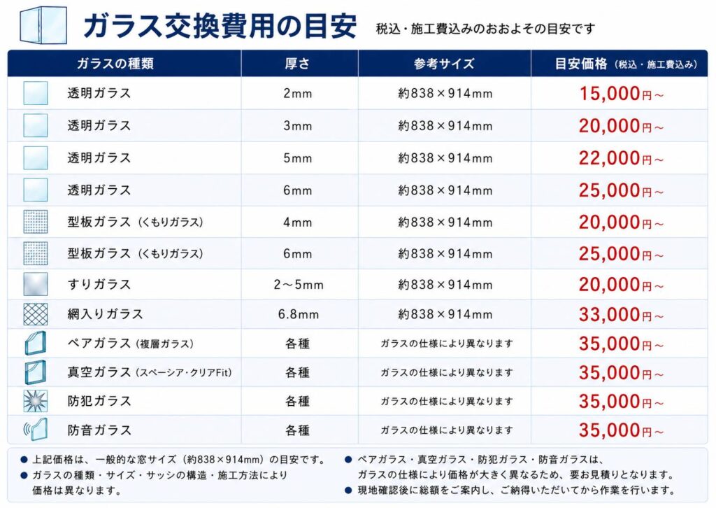 透明ガラス・型板ガラス・すりガラス・網入りガラス・ペアガラスなどの交換料金目安